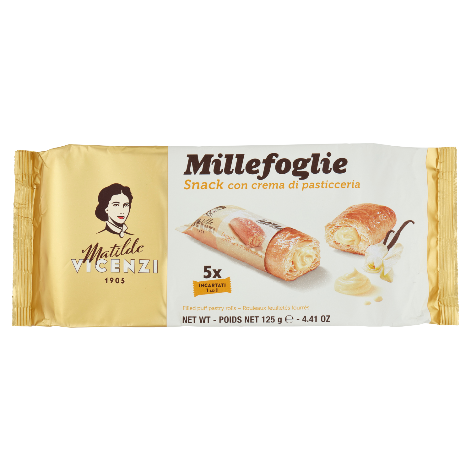 VICENZI MILLEFOGLIE MINISNACK CREMA PASTICCERA X5 125g (16 in a box)