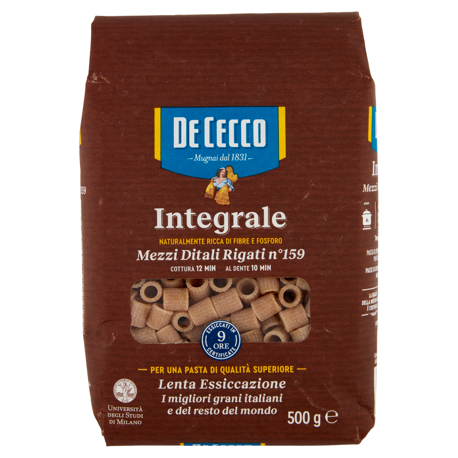 DE CECCO MEZZI DITALI RIGATI N°159 INTEGRALE 500g (16 in a box)