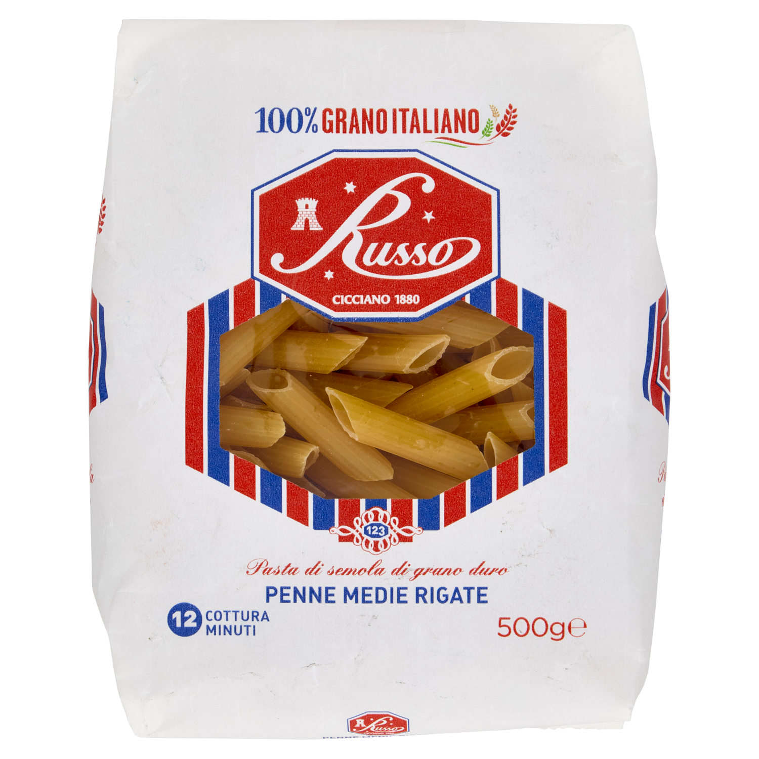 RUSSO PASTA DI SEMOLA PENNE MEDIE RIGATE 500g (20 in a box)